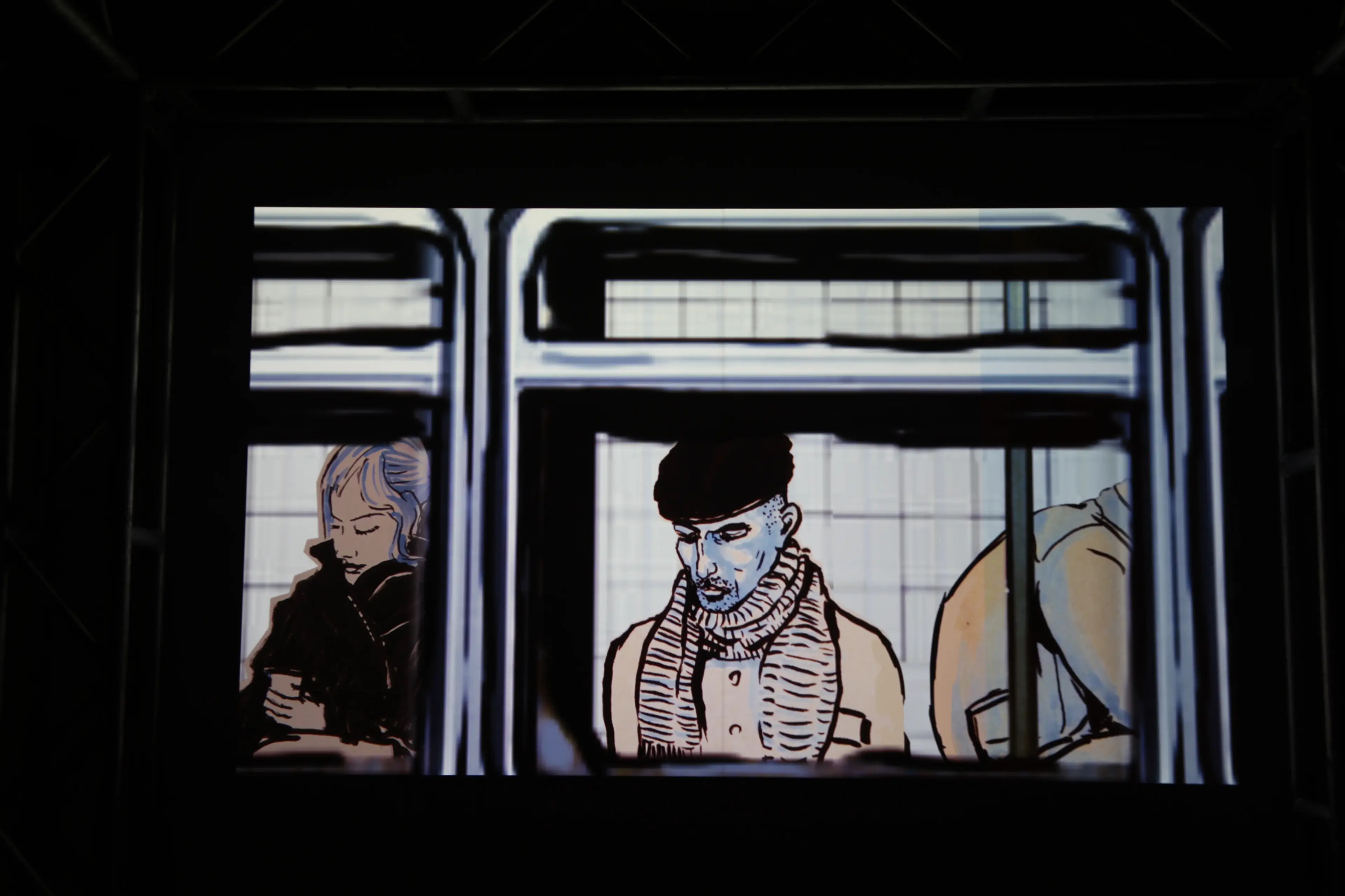 Close-up of projected illustration showing two commuters framed by subway window mullions